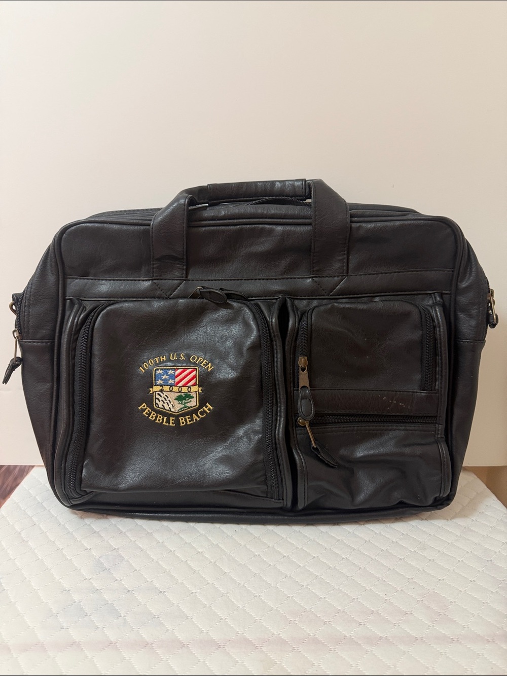 Pebble Beach Black Leather Briefcase with Embroidered U.S. Like New or New.